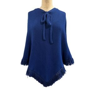 Specially Hand Made Womens Knit Poncho Top Royal Blue Fringe